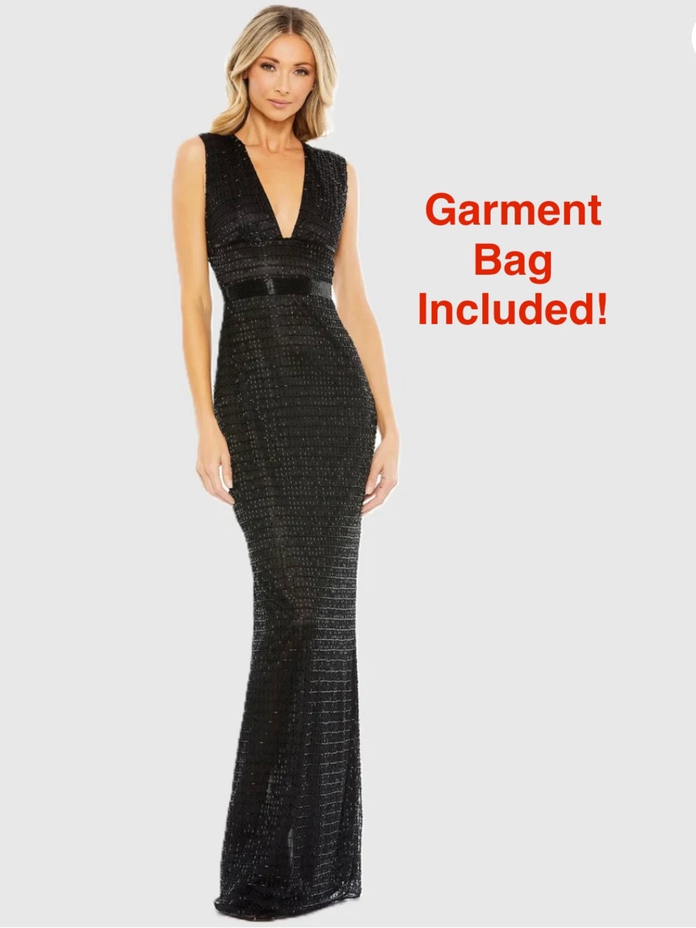 Mac Duggal Black 5625 Beaded V-Neck Column Gown